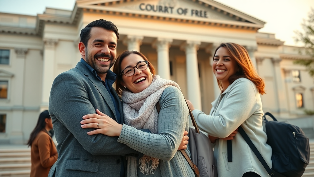 Joyful family celebrates successful asylum application help at courthouse steps