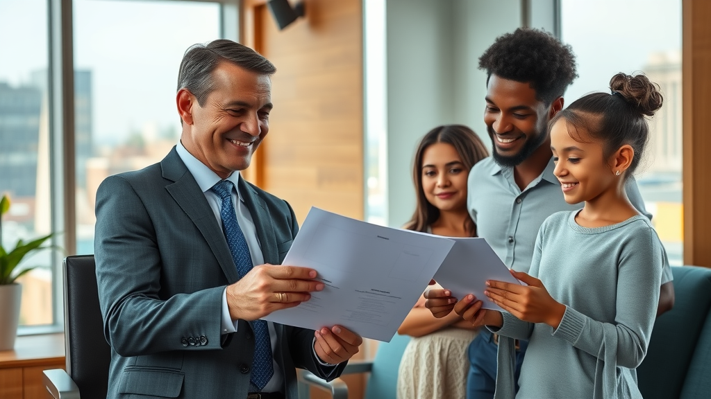 Compassionate immigration attorney advising a diverse family in a law office