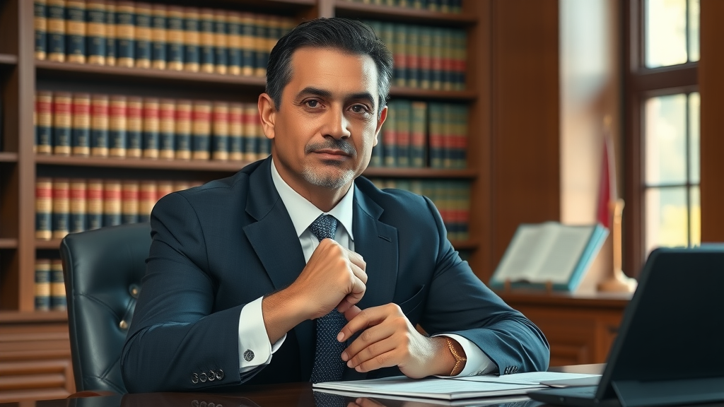 Latino defense attorney in office providing defensa casos criminales guidance.