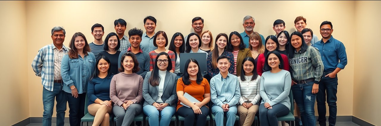 Diverse group at seminar smiling together, u.s. citizenship guide, friendly atmosphere