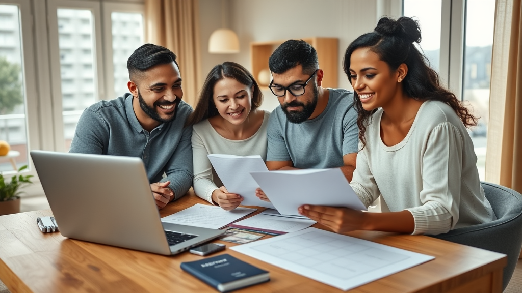 Diverse family checks visa priority updates in modern home for immigration success