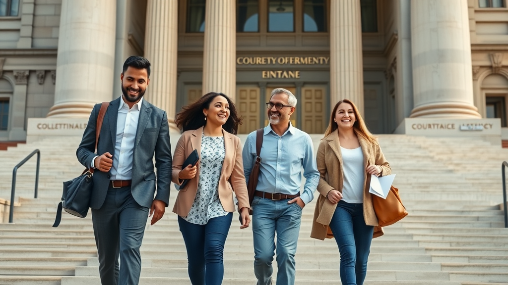 Family with attorney approaches courthouse for immigration legal services