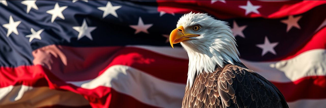 Bald eagle with US flag background representing nationwide immigration services.