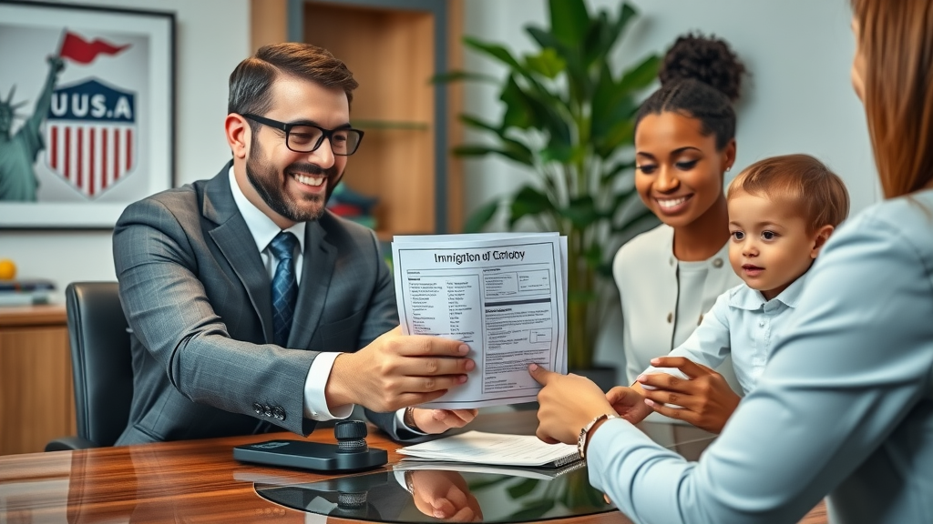Happy family receiving U.S. visa help from a legal expert at a law office.