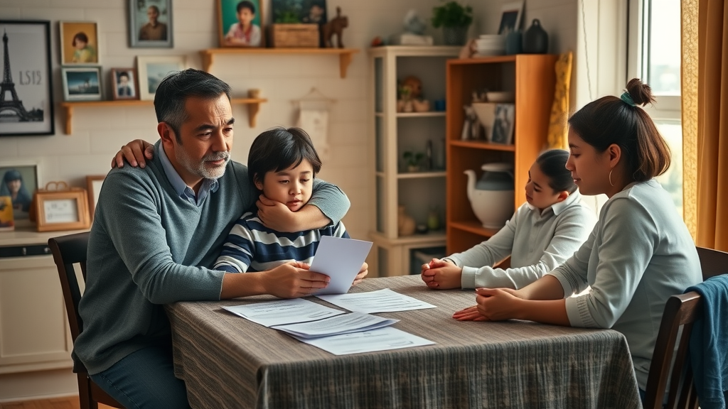 Diverse family seeking removal proceedings help, comforted together at kitchen table