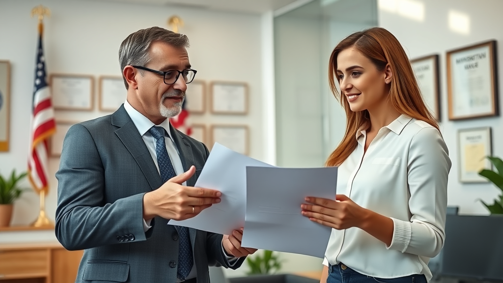 Expert EB-2 EB-3 visa guidance with a lawyer helping clients in a modern office.