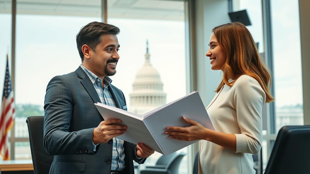 Young couple in immigration attorney consultation planning U.S. residency strategy