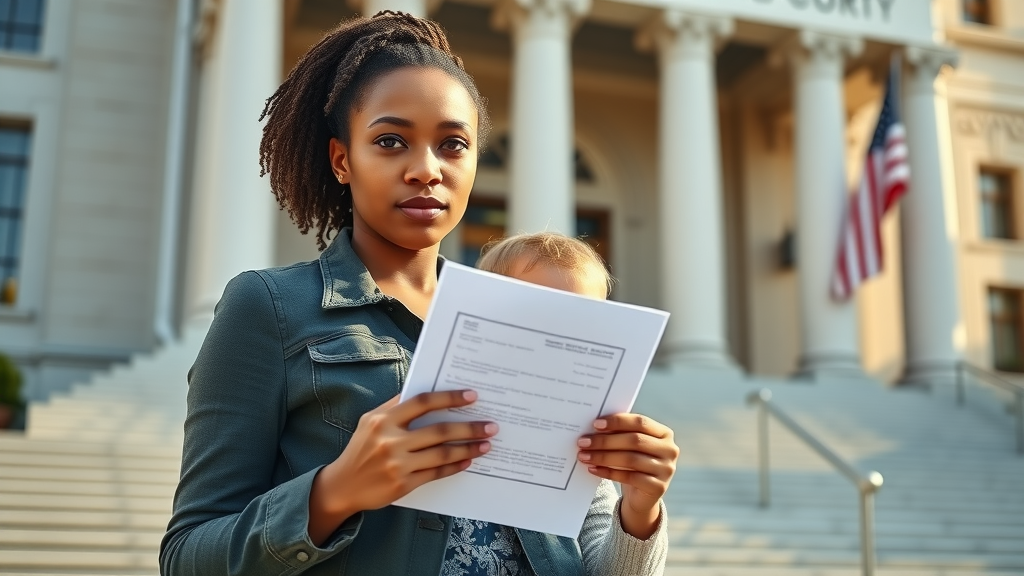 Young woman with child seeking removal proceedings help outside courthouse