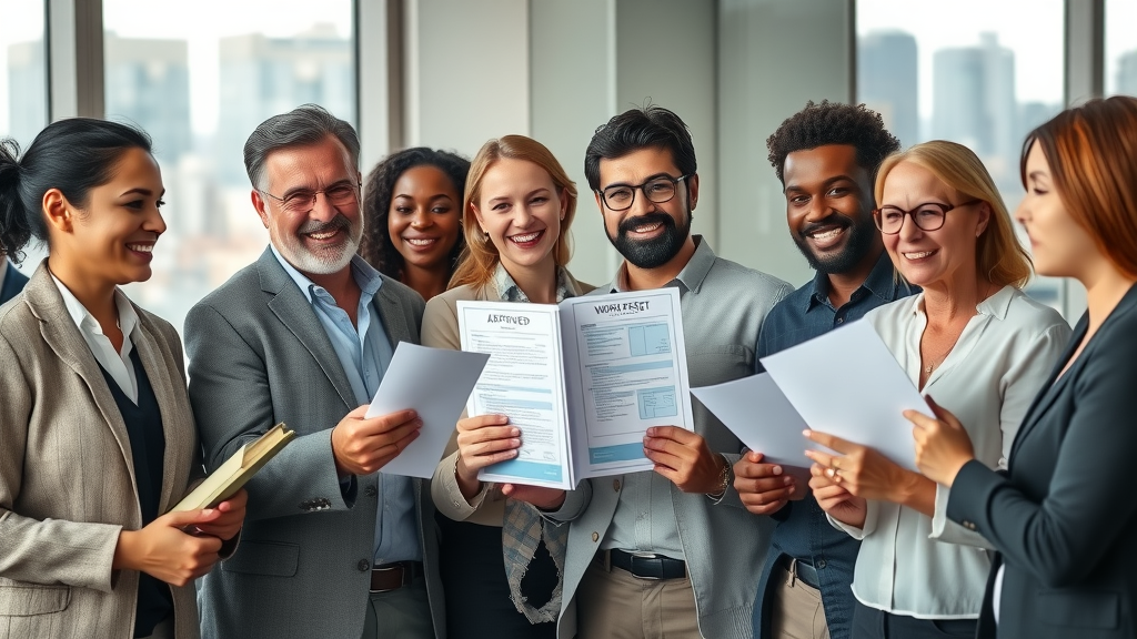 Diverse people celebrating successful work permit assistance approval