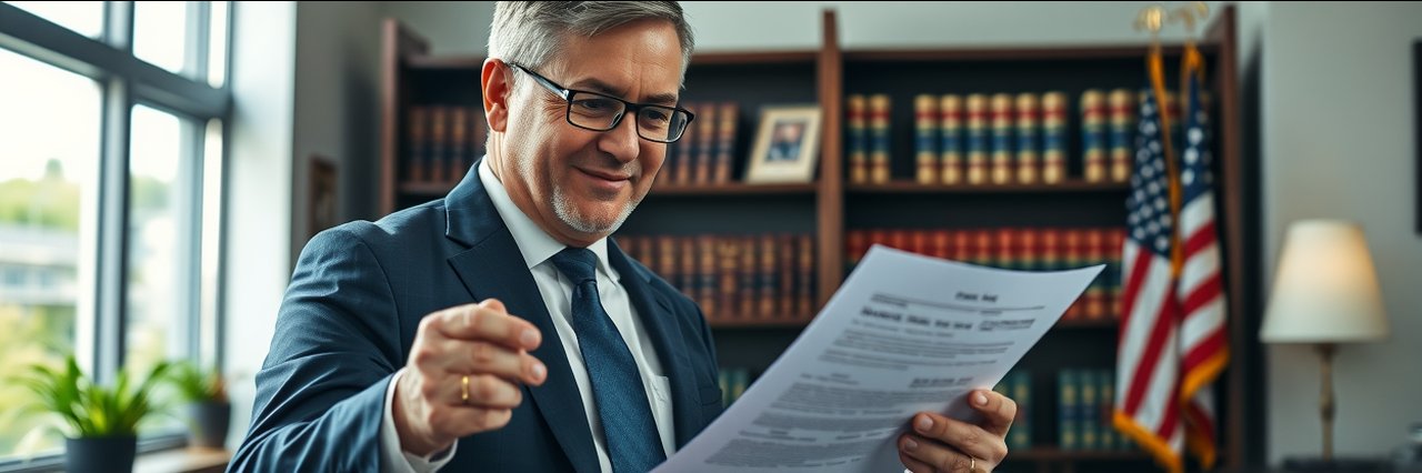 Professional immigration attorney reviewing documents at legal office desk