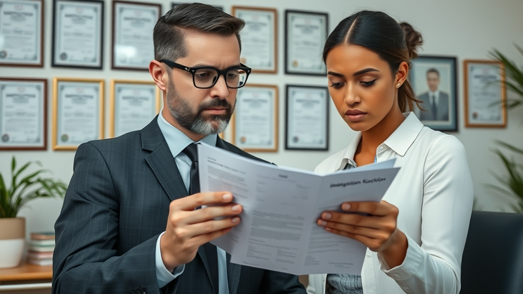 Immigration lawyer providing asylum application help in welcoming office ambiance