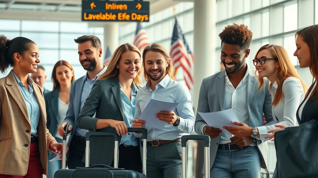 Diverse professionals preparing travel documents for employment visas at a US airport