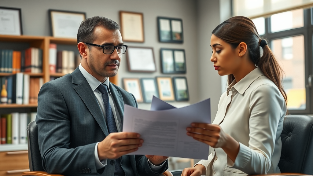 Attorney giving removal proceedings help and guidance to immigrant couple in office