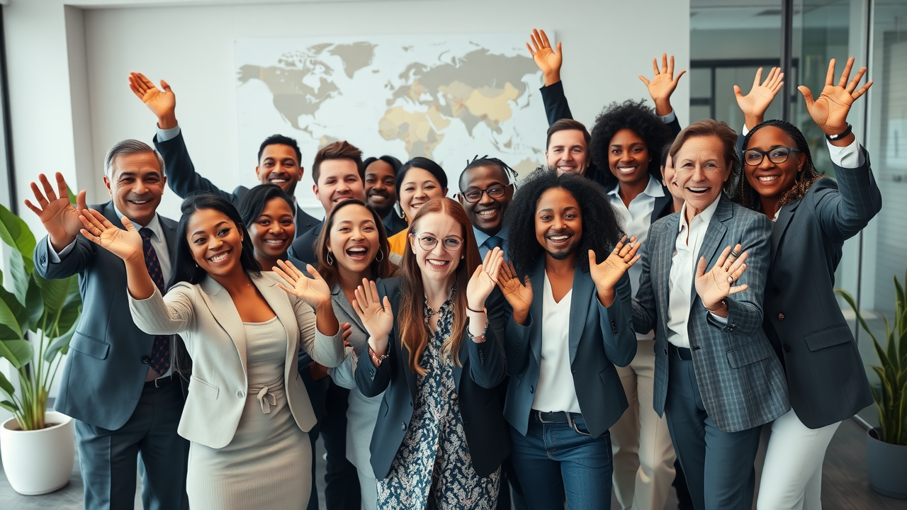 Immigration attorneys celebrate successful legal outcome with clients.