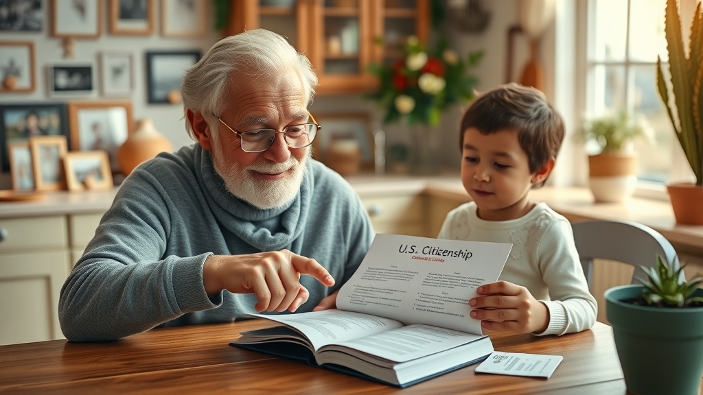 Family studying U.S. citizenship guide and civics questions at kitchen table.
