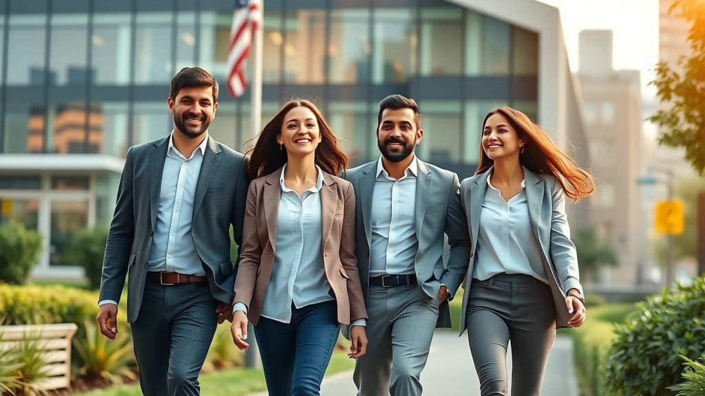 Investor immigration visa diverse family walking towards US office building