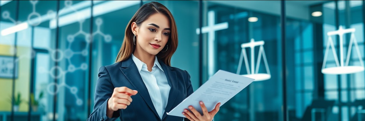 Professional woman in STEM industry law office reviewing legal documents