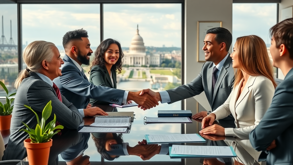Clients and DC immigration law attorneys shaking hands in office