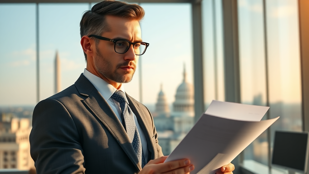 Entrepreneur reviewing eb1a green card documents in modern U.S. office
