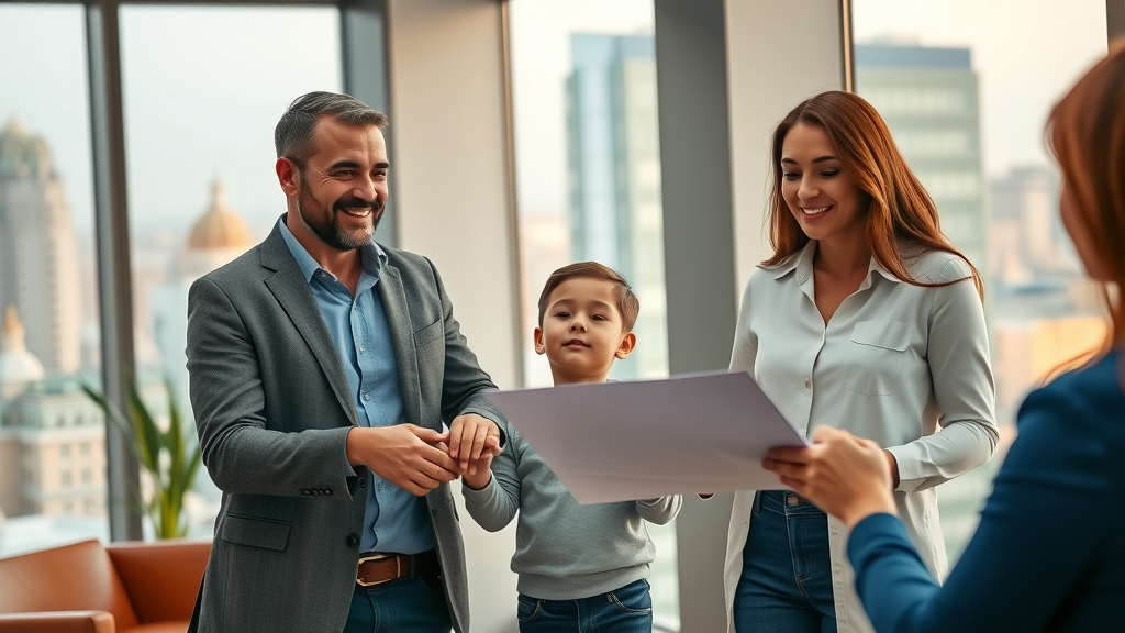 Family receives asylum application help from expert in sunlit office setting