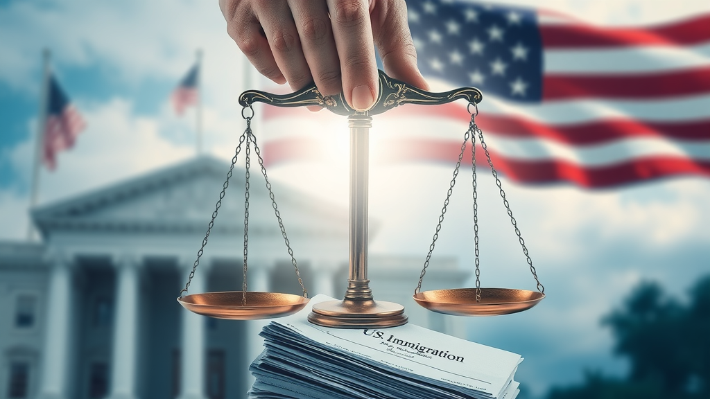 Scales of justice above immigration forms, symbolizing federal immigration litigation