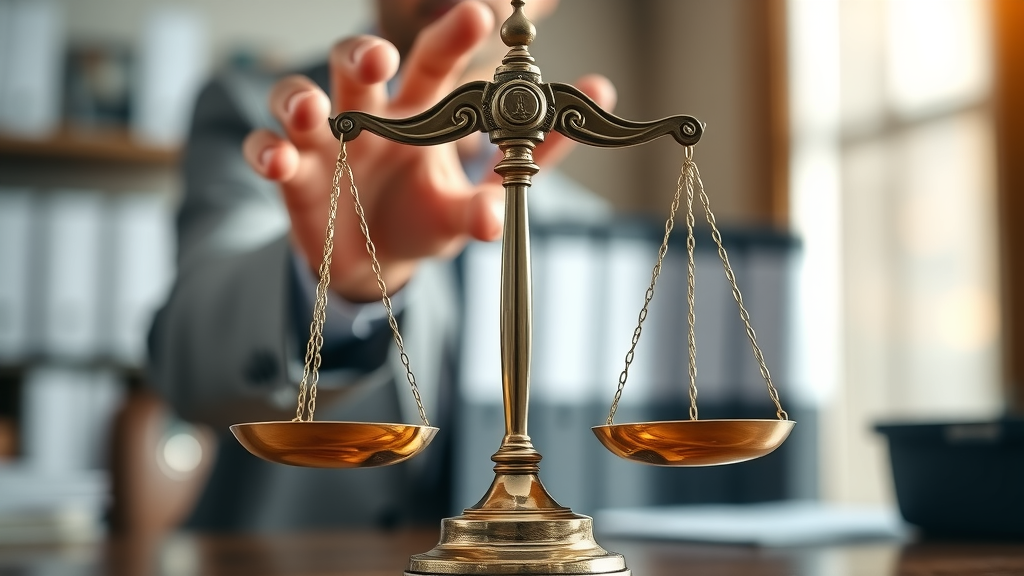 Closeup scales of justice and lawyer