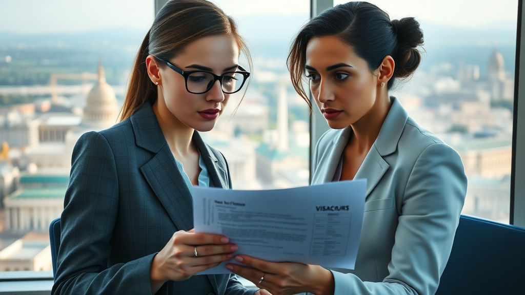 Engineer and legal advisor navigating STEM industry law with visa application in DC office
