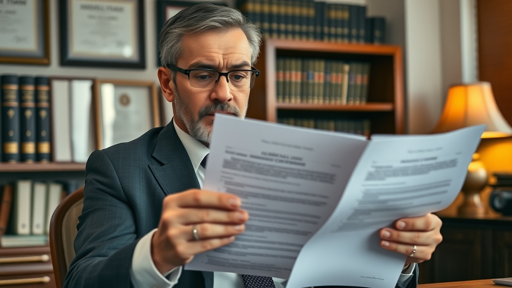 Immigration lawyer reviews documents in office, focused on federal immigration appeals.