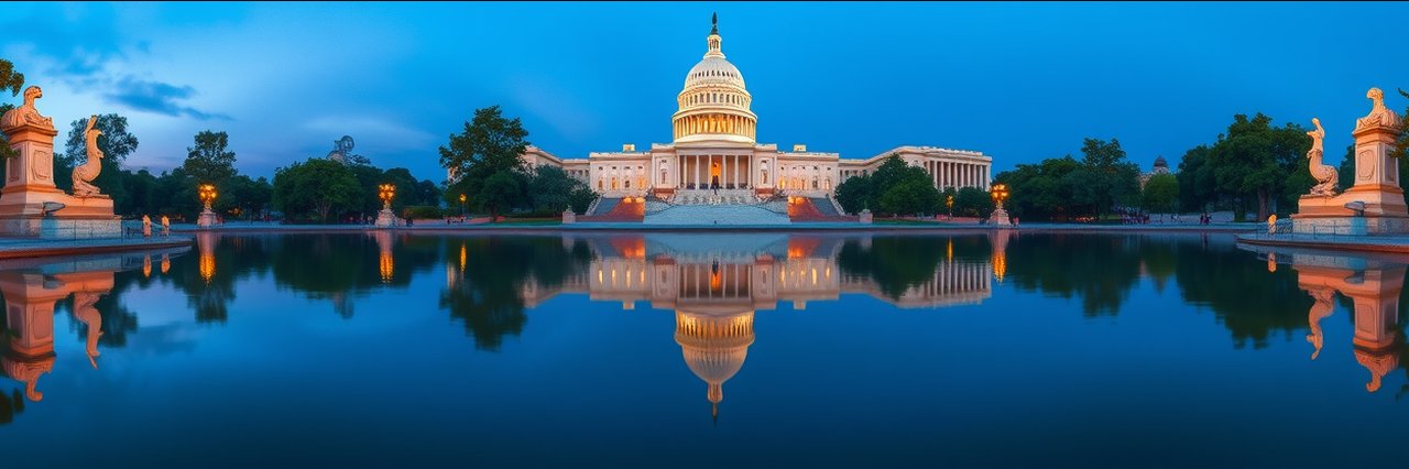 U.S. Capitol building reflected at dusk, serene setting for immigration legal services.