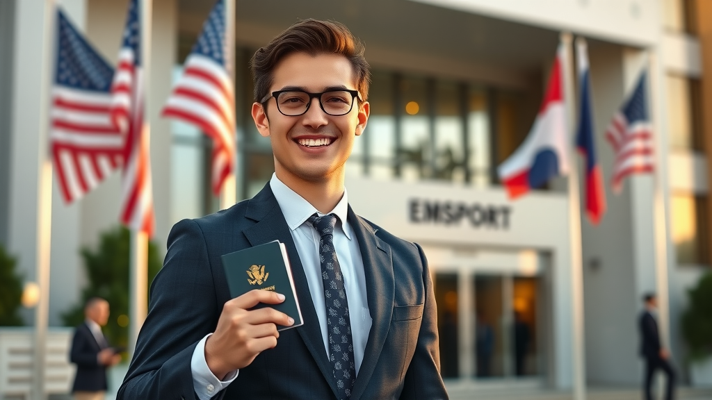 Young professional holding employment visa outside US embassy building