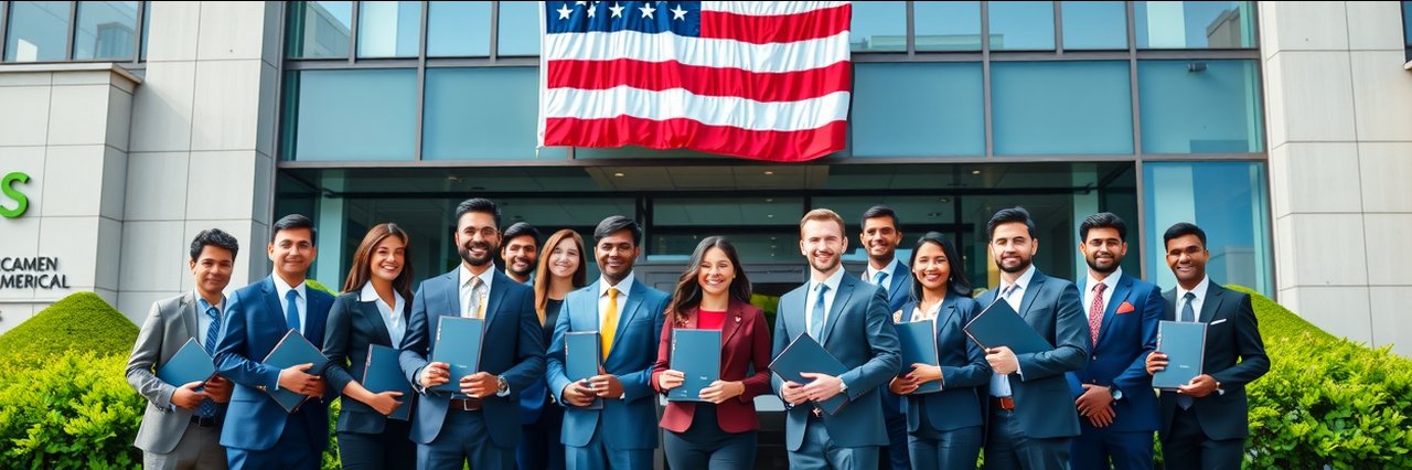 Diverse professionals at USCIS building holding EB1A green card application documents.