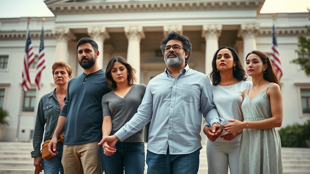 Diverse family united in front of courthouse, symbolizing deportation defense strategies