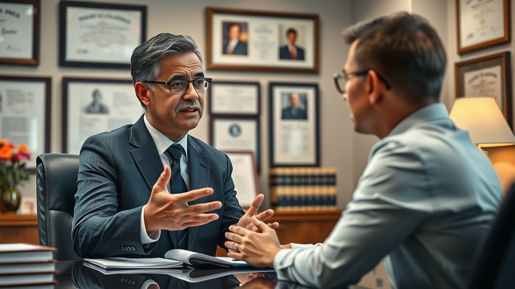 Attorney advising client on visa priority updates in professional legal office