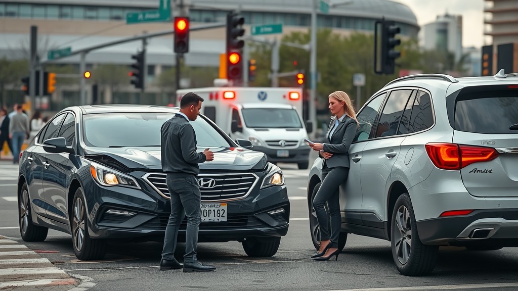 Motor vehicle accident claims scene with two cars and drivers exchanging information